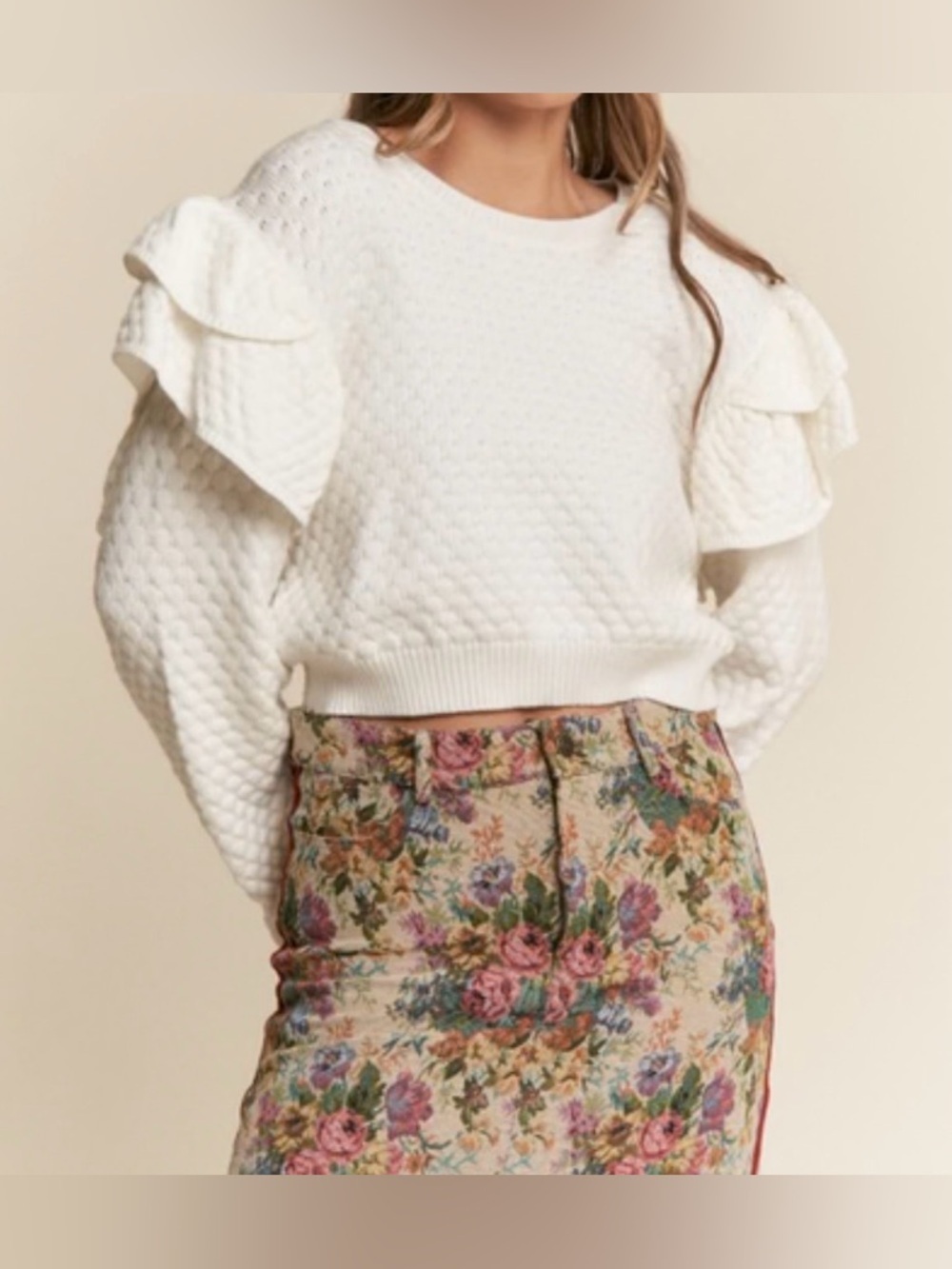 NWOT J.Nna Elegant White Ruffled Sleeve Crewneck Sweater Sz S